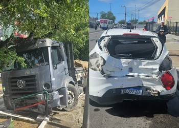 Colisão entre carro e caminhão deixa motorista ferido na Avenida Tancredo Neves, em Aracaju