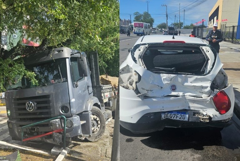 Colisão entre carro e caminhão deixa motorista ferido na Avenida Tancredo Neves, em Aracaju