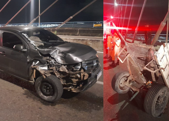 Carro bate em carroça e deixa três feridos na ponte Aracaju–Barra dos Coqueiros
