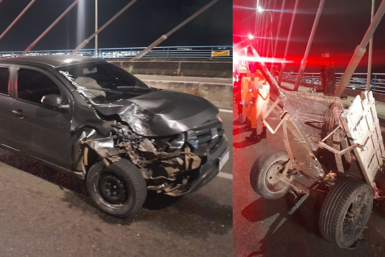 Carro bate em carroça e deixa três feridos na ponte Aracaju–Barra dos Coqueiros