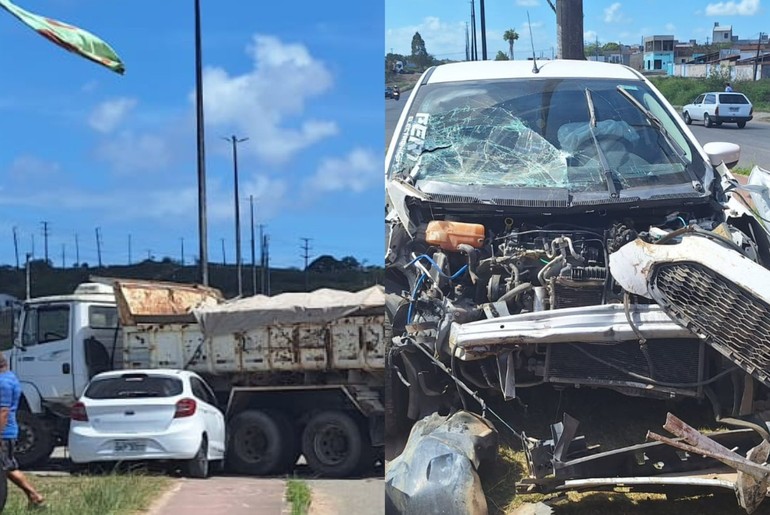 Motorista fica ferido após colisão entre carro e caminhão em Nossa Senhora do Socorro