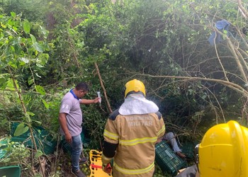 Motorista é resgatado após caminhão cair em ribanceira às margens do Rio Vaza-Barris