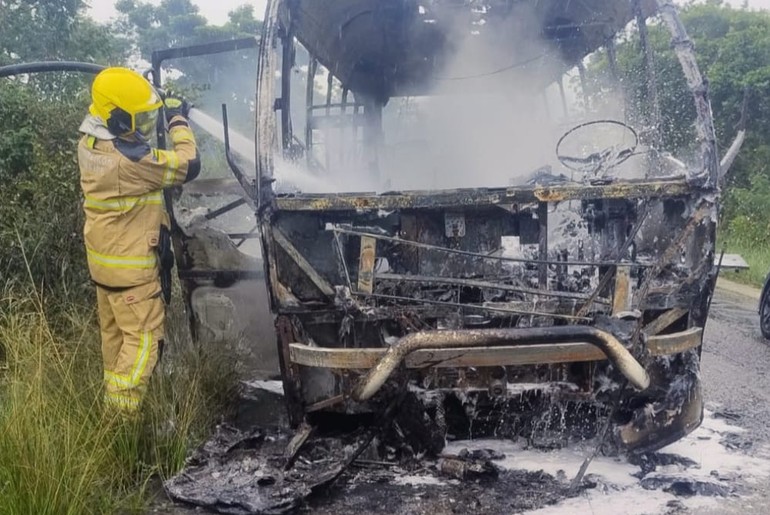 Micro-ônibus escolar pega fogo na BR-349 entre Japoatã e Neópolis