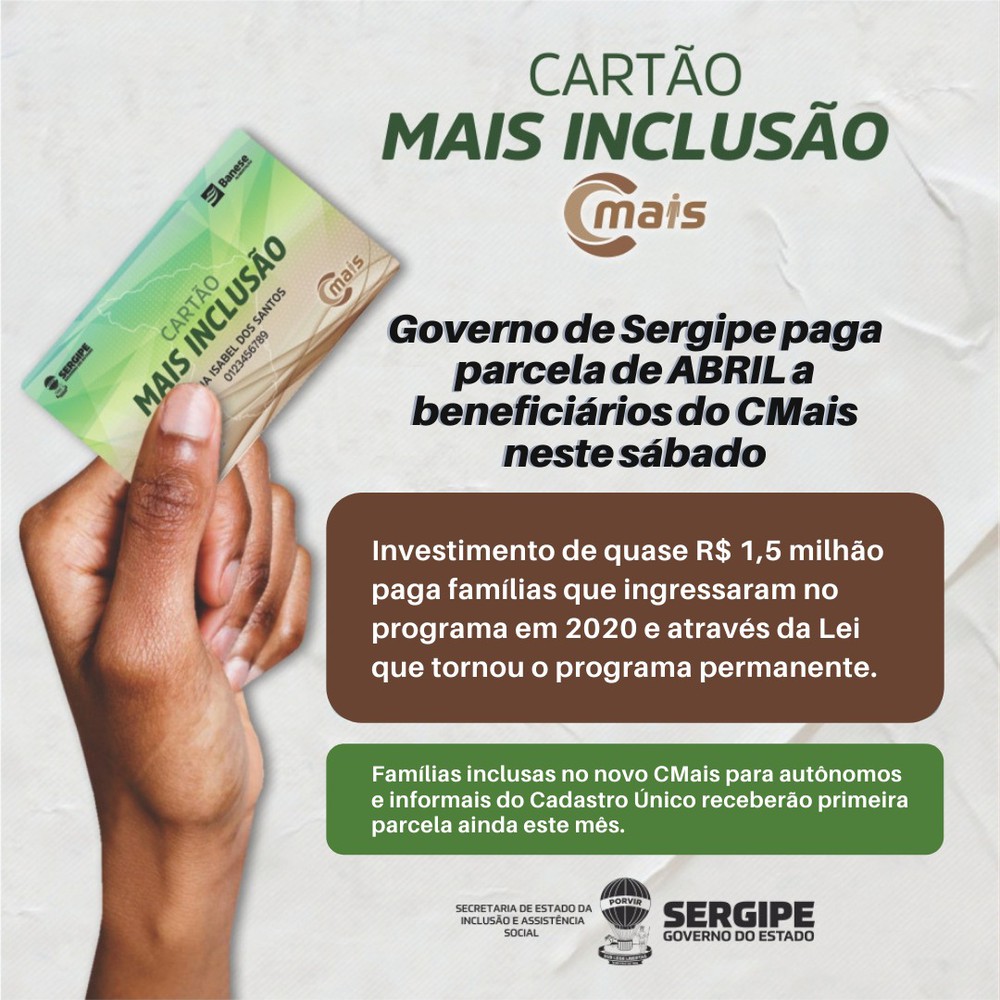 Governo de Sergipe paga parcela de abril a beneficiários do CMAIS neste sábado