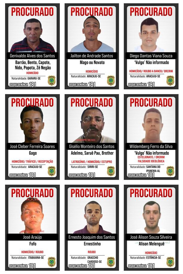 Polícia divulga lista dos foragidos mais procurados de Sergipe